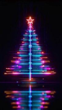 colorful digital glowing christmas tree in neon colors vertical video