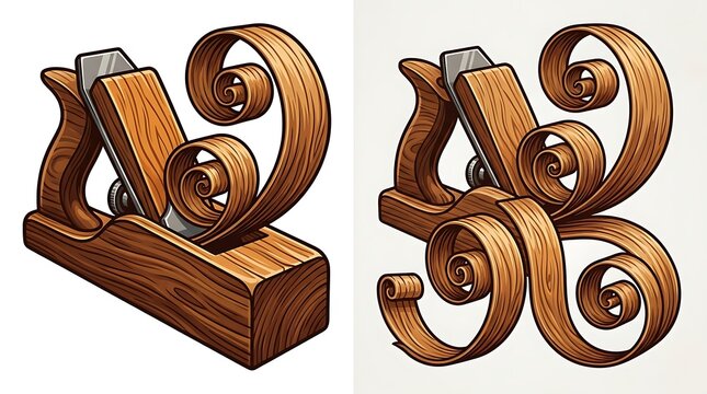 Wooden hand plane tool with curly wood shavings illustration