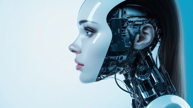 Futuristic female android profile showcases intricate mechanical details with glossy white surfaces and glowing blue lighting for high technology aesthetics