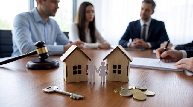 Professional arrangement of legal symbols for marital asset division and divorce settlement mediation consultation