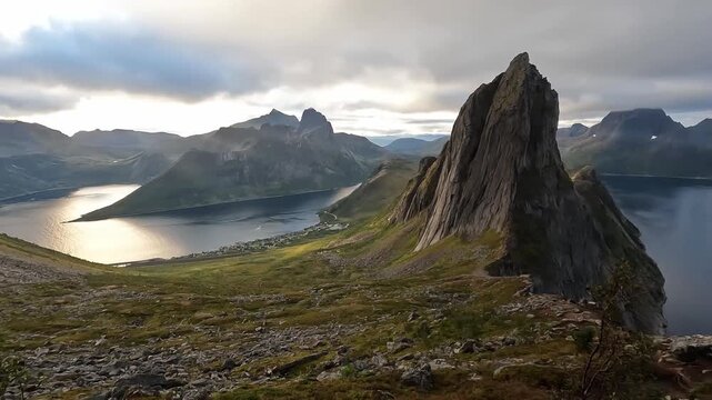 Cinematic Aerial View of Iconic Segla Mountain Peak with Fjord Panorama on Senja Island Norway
