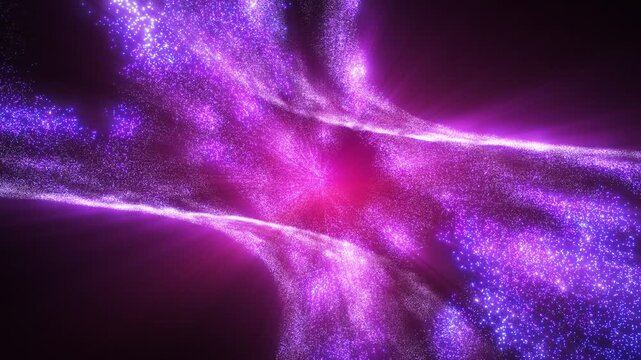 Abstract digital dynamic waves of purple pink  glitter particles with light motion lights background, data flow, cyber technology