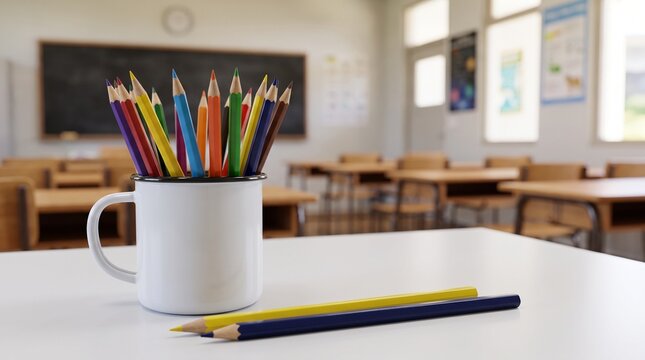 Colored pencils in a white mug placed on a desk inside an empty elementary classroom setting with wooden furniture and a chalkboard background