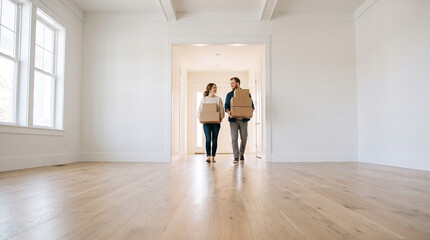 Fototapeta premium Happy couple moving into a new empty house holding cardboard boxes, perfect for inspiring content, commercial applications, and innovative marketing strategies
