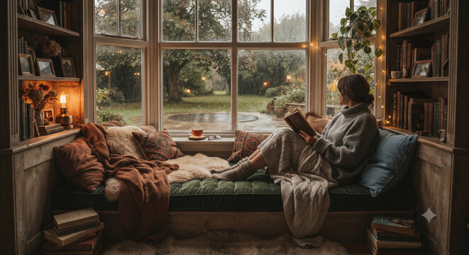 Hygge lifestyle concept featuring peaceful relaxing moment on window bench during autumn rain	가을 비가 내리는 동안 창가 벤치에서 평화롭고 편안한 휴식을 취하는 순간이 특징인 휘게 라이프스타일 컨셉