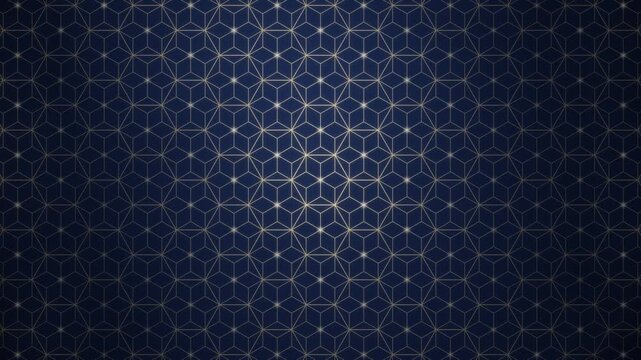 Elegant Japanese Asanoha hemp leaf pattern, gold geometric lattice of fine lines with a soft glow travelling through the six pointed star grid, traditional wagara motion in calm indigo tones