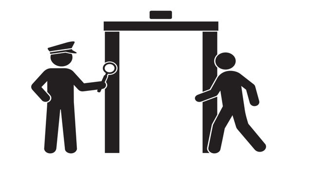 Security checkpoint vector icon, airport metal detector with guard and passenger, safety screening procedure illustration