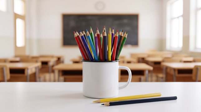 Colorful Pencils in a White Mug on a Classroom Table with Blurred School Background