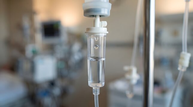 IV drip chamber with saline solution falling in a hospital room medical setting