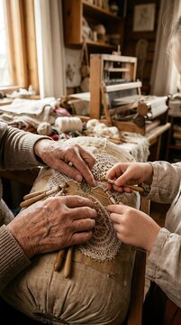 Elderly and child hands weaving traditional bobbin lace together