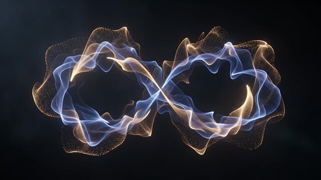 Infinity symbol, loop and digital energy on dark background for technology, science and innovation. Abstract particles, gold and blue light with eternity, connection and futuristic concept design