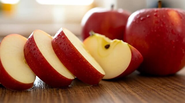 Freshly sliced red apples on a wooden surface, vibrant and juicy.