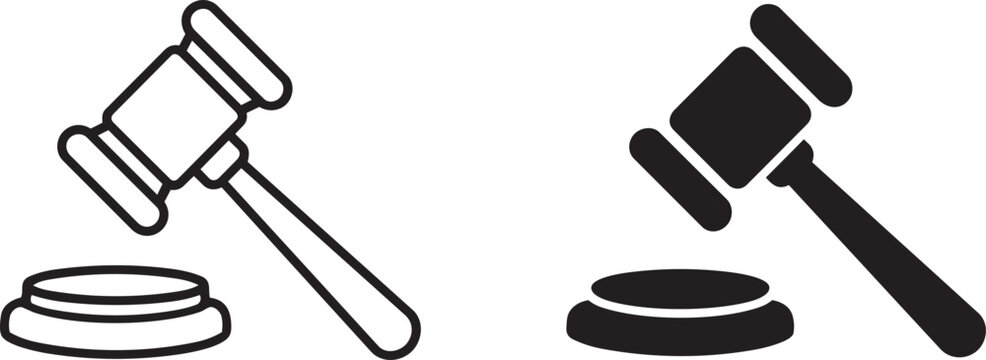 judge gavel with wooden sound block icon line and solid style vector illustration