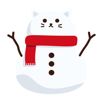 Cute cat snowman with wooden stick arms and red scarf vector illustration isolated on white background