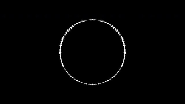 Circular white audio waveform animation looping on a black background, abstract sound wave spectrum visualizer for music production, podcasts, and streaming, exported in Apple ProRes 4K.