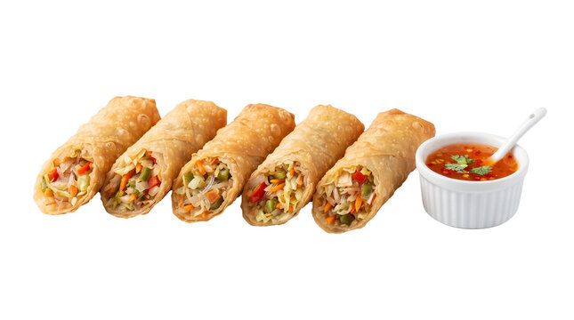 Crispy golden spring rolls with vegetable filling, fried asian egg rolls on white background, traditional dim sum appetizer with sweet chili sauce