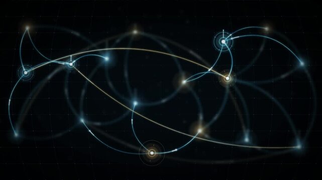 Global currency flow network with glowing value streams arcing between financial hubs seamless loop in vibrant indigo tones