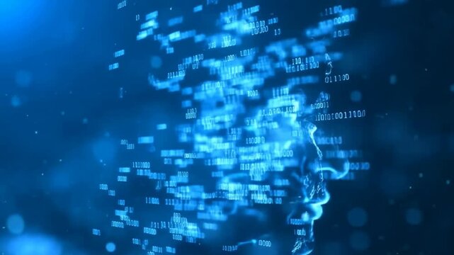 Tracking shot digital human face dissolving into streaming data particles inside virtual blue network environment