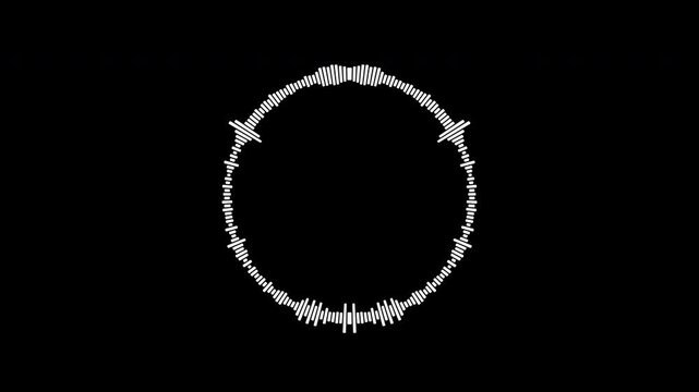 Circular white audio waveform animation looping on a black background, abstract sound wave spectrum visualizer for music production, podcasts, and streaming, exported in Apple ProRes 4K.