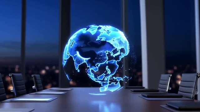 Rotating holographic globe hovering and drifting across corporate boardroom table with nighttime city skyline visible through floor to ceiling windows