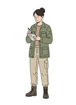 Vector illustration of a female explorer or field researcher writing on a notebook, isolated on a transparent background