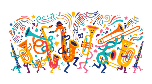 VibrantJazzBandPlayingMusicalInstrumentsColorfully.