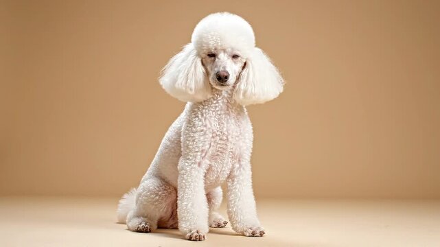 Elegant white poodle sits against a warm beige studio background with clean advertising copy space.
