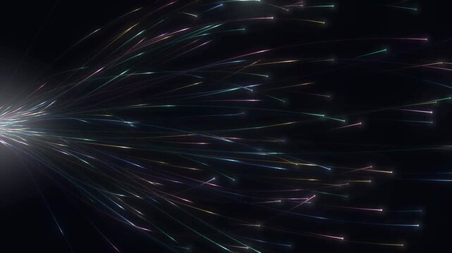 Fiber optic cable bundle splaying with glowing light pulses and lit fiber tips, telecom network background, seamless loop in rich blue tones