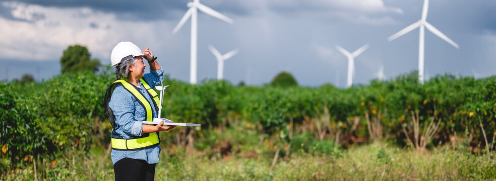Engineer surveys wind farm in open field