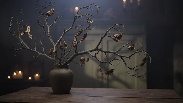 Halloween, branches and vase with table at home for spooky atmosphere, mystery and dark decor. Dead plant, candles and interior with haunted house, gothic aesthetic and winter mood for horror movies