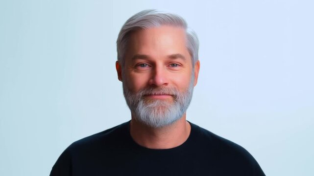Time lapse frontal portrait of man aging from dark full beard to white hair and trimmed beard with gradual facial hair change in studio backdrop