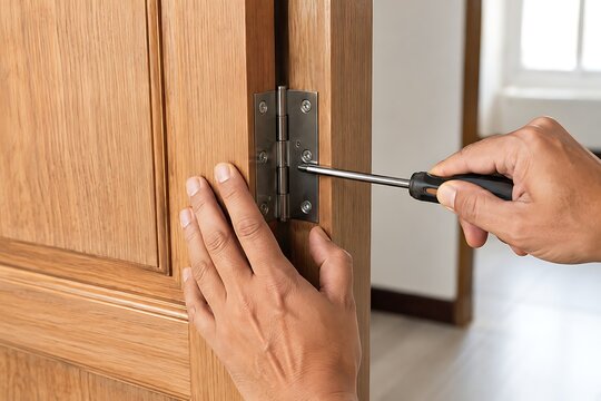 Person tightening door hinge with screwdriver