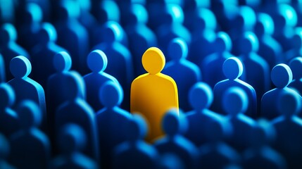Fototapeta premium Single bright yellow figure standing out from a large crowd of identical blue human silhouettes creates a strong visual contrast