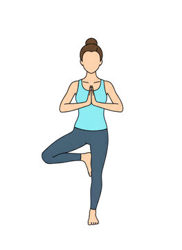 Vector illustration of a woman practicing yoga in tree pose with hands in prayer, isolated on a transparent background