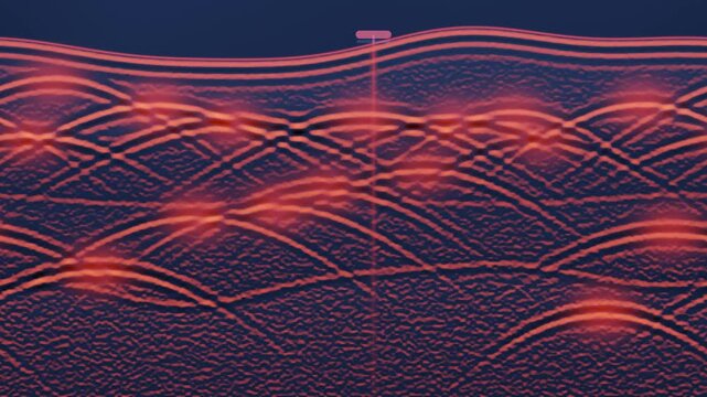 Ground Penetrating Radar B-Scan Section With Glowing Diffraction Hyperbola Echoes, Seamless Loop in subtle amber tones