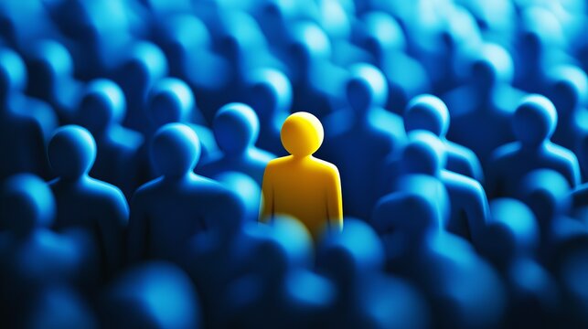 Bright yellow individual figure stands out amidst a crowd of many blurred dark blue shapes in this stylized conceptual render