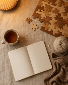 Screen free evening flat lay with wooden puzzle tea and blank notebook,木製パズルとお茶と無地ノートで過ごす画面のない夜の俯瞰