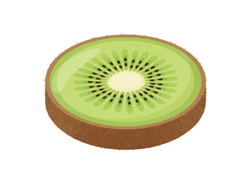 Isometric thick slice of fresh kiwi fruit with black seeds, isolated on a transparent background