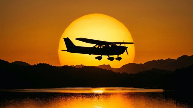 Small private airplane in flight silhouetted by a large bright orange sunset over a calm lake.