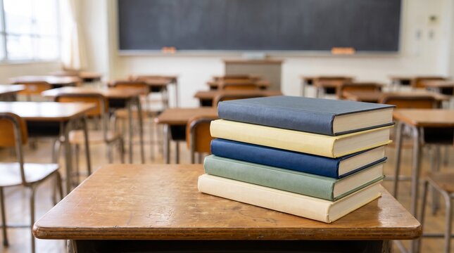 A stack of colorful textbooks rests on a wooden school desk inside a classic empty classroom