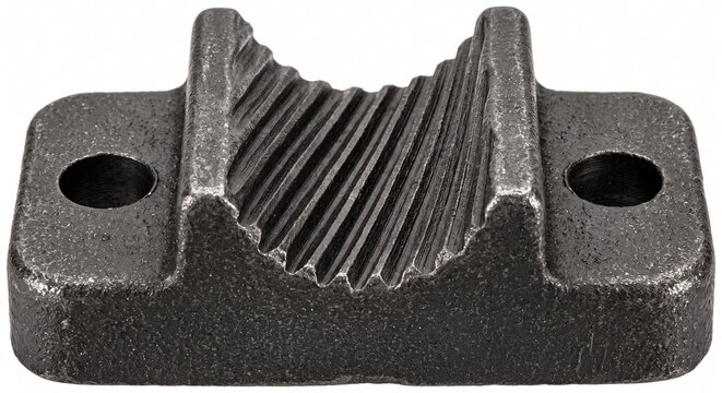 Wire rope clip saddle base. Micro-machined heavy cast iron block with diagonal gripping ridges. Structural tension and fastening hardware isolated on white.