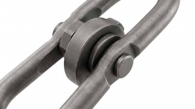 Swivel hoist ring joint. Pivoting alloy steel eye bolt with gunmetal grey oxide coating. Heavy-duty industrial load hardware isolated on white background.