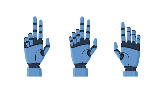 Three blue robotic hands showing different gestures and finger counts against a white background.
