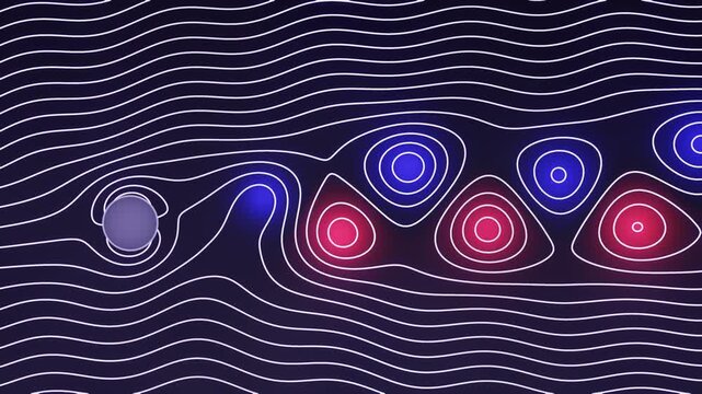 Karman Vortex Street Fluid Dynamics Simulation, Alternating Vortices and Streamlines, Seamless Loop in soft indigo tones