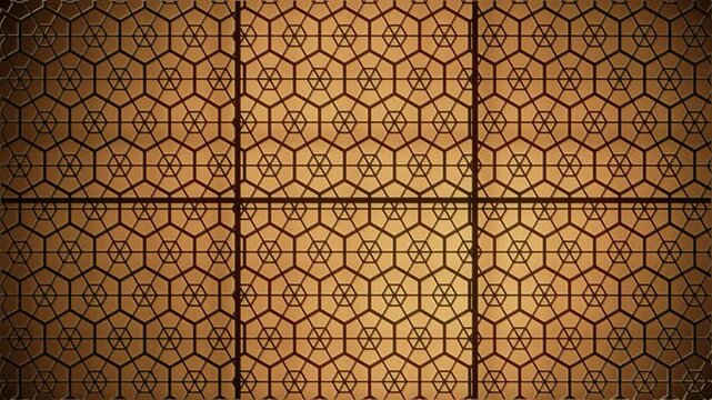 Japanese Kumiko Wood Lattice Backlit Shoji Screen Asanoha Pattern Seamless Loop in rich ebony tones