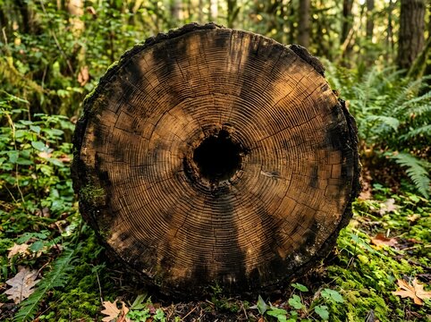 Closeup of a fallen tree trunk with detailed rings in forest funny animal emoji