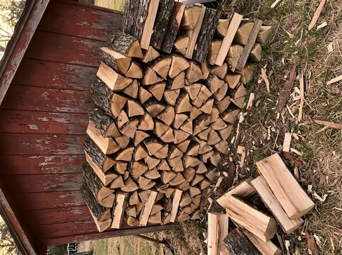 Stack of firewood neatly arranged against rustic red wall funny animal emoji