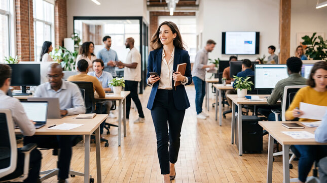 Beautiful woman woman walking confident open office which is perfect for corporate success presentation and highly effective marketing campaigns