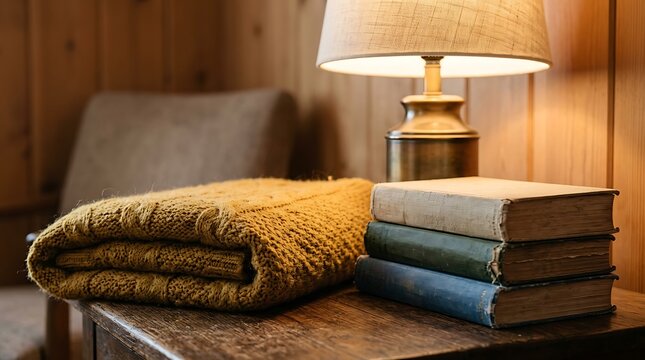 Cozy books and knitted sweater sit on a wooden table under warm light