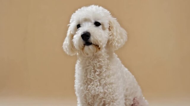 Elegant white poodle sits against a warm beige studio background with clean advertising copy space.